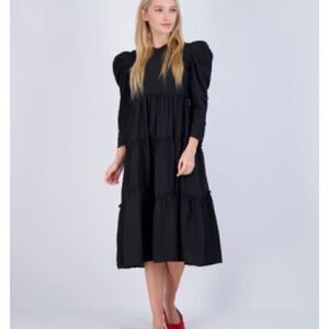 Ava & Lu Black Swiss Dot Tiered MIDI Dress | XS